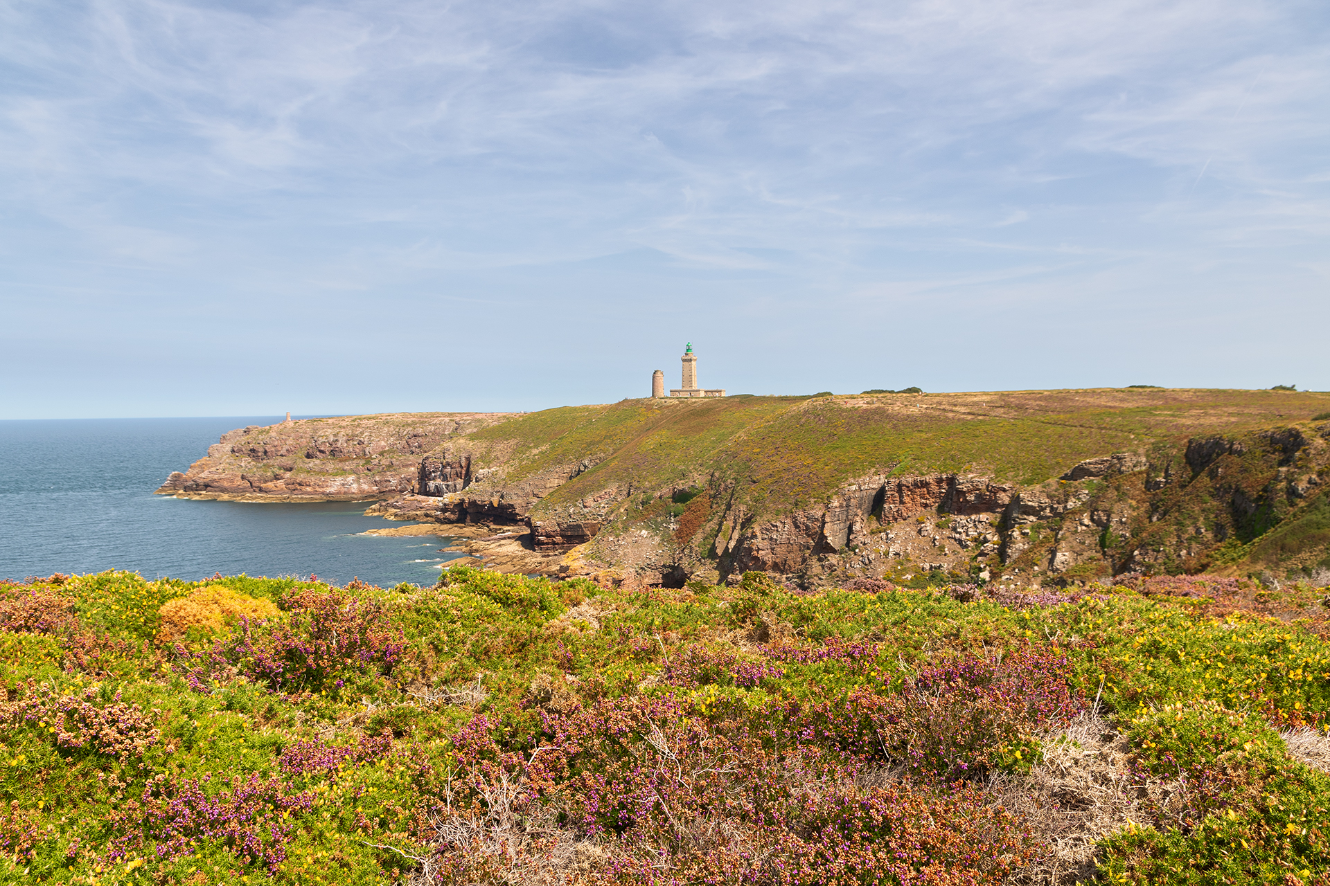 Cap Fréhel, Bretagna, Francia, agosto 2025: brughiera, oceano e faro.