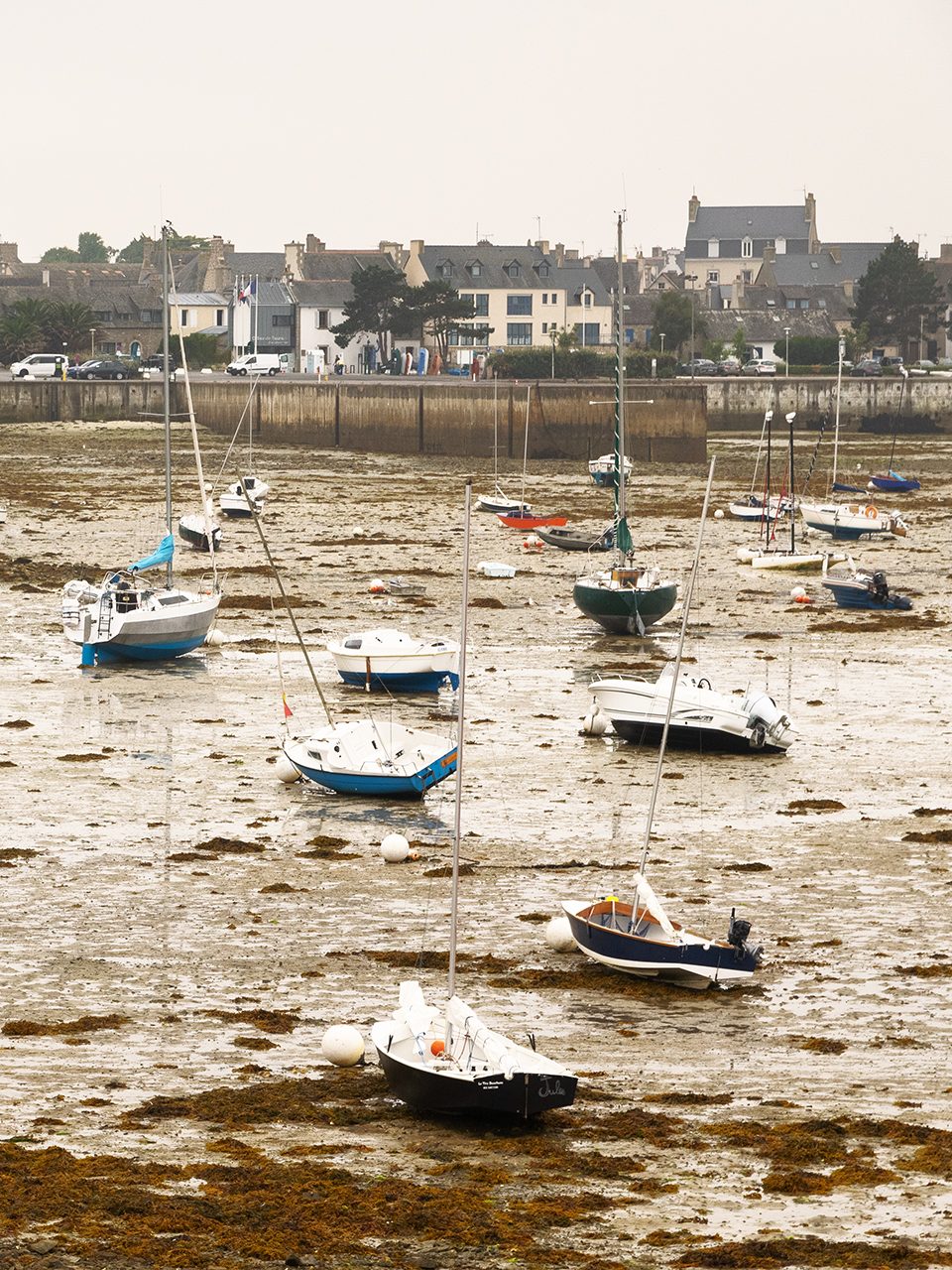 Roscoff, Bretagna, Francia, agosto 2025: porto in una giornata di pioggia e bassa marea.